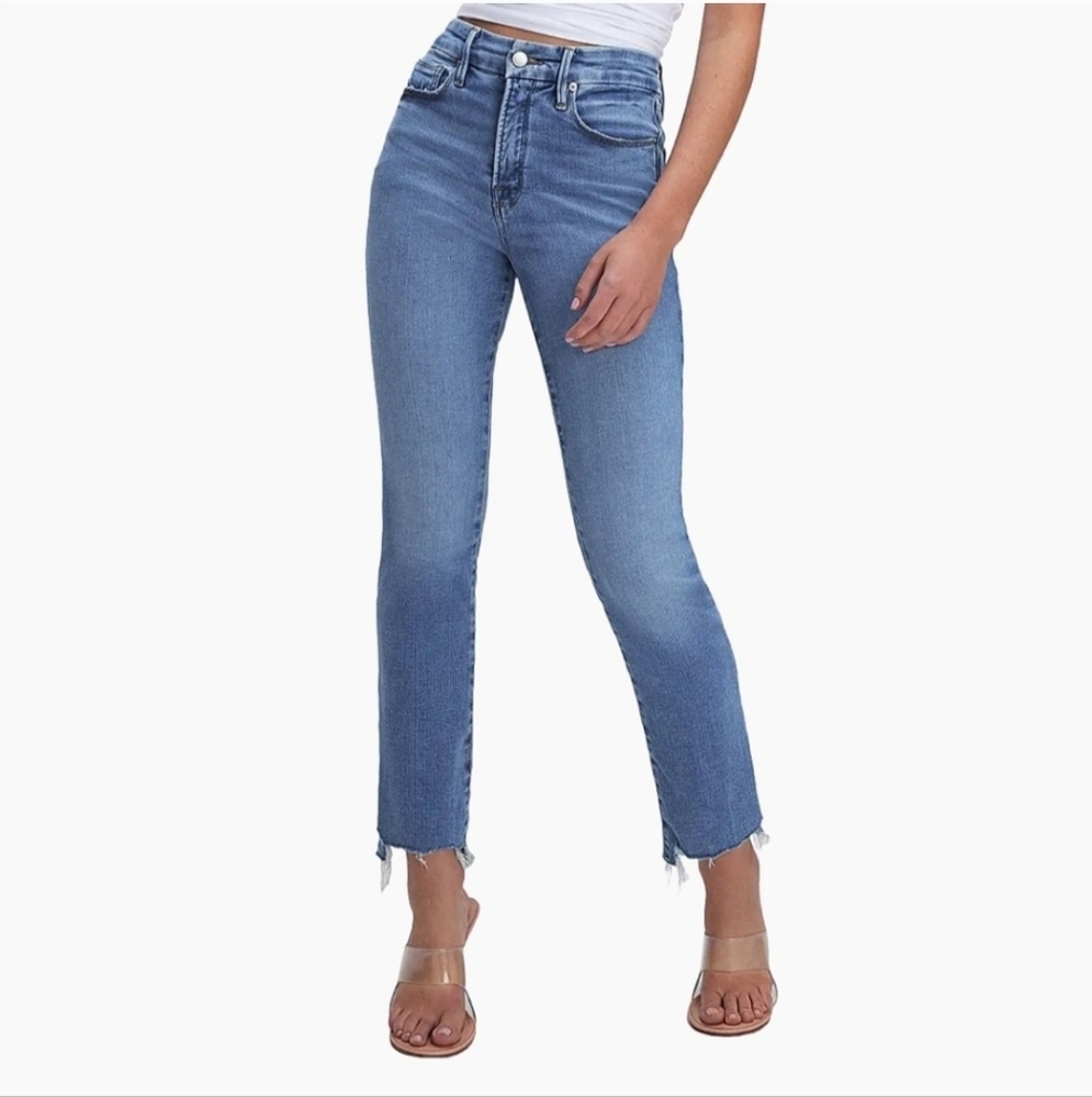 Good American Good Legs High Rise Straight Ankle Blue Jeans Sz 6/28 Raw Hem